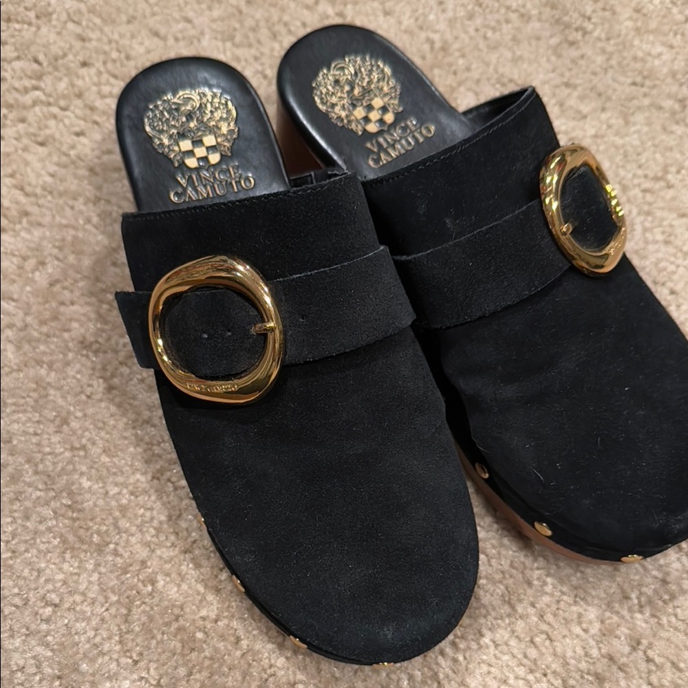 Vince Camuto Black and Gold Mules with Textured Straps